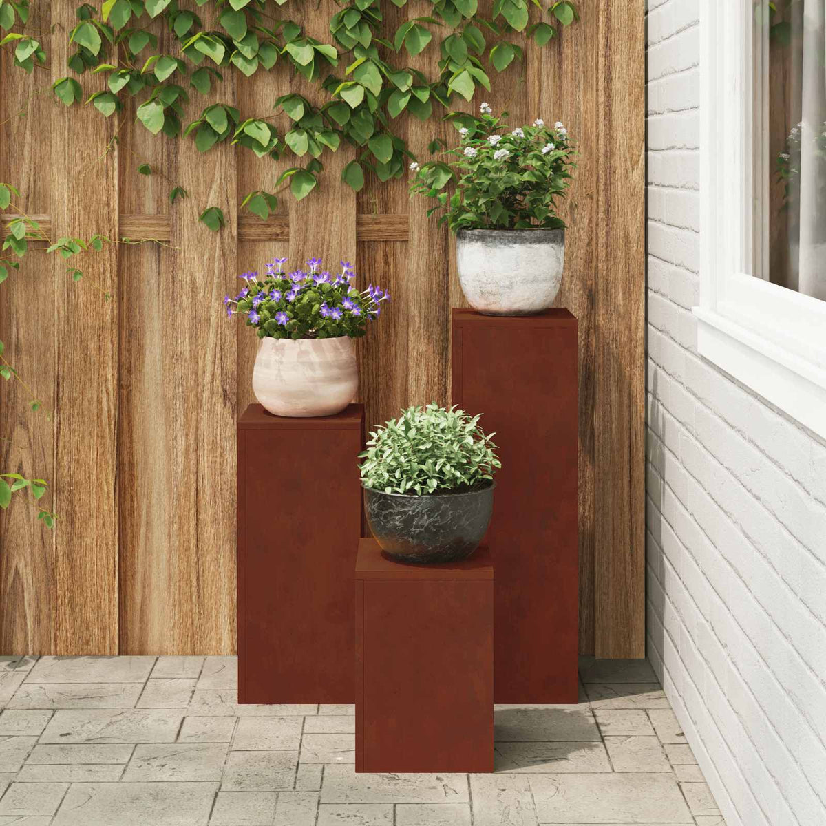 Plant Stand Rusty 30 x 30 x 40 cm Weathering Steel 3x (24 x 24 x 35/55/75 cm)