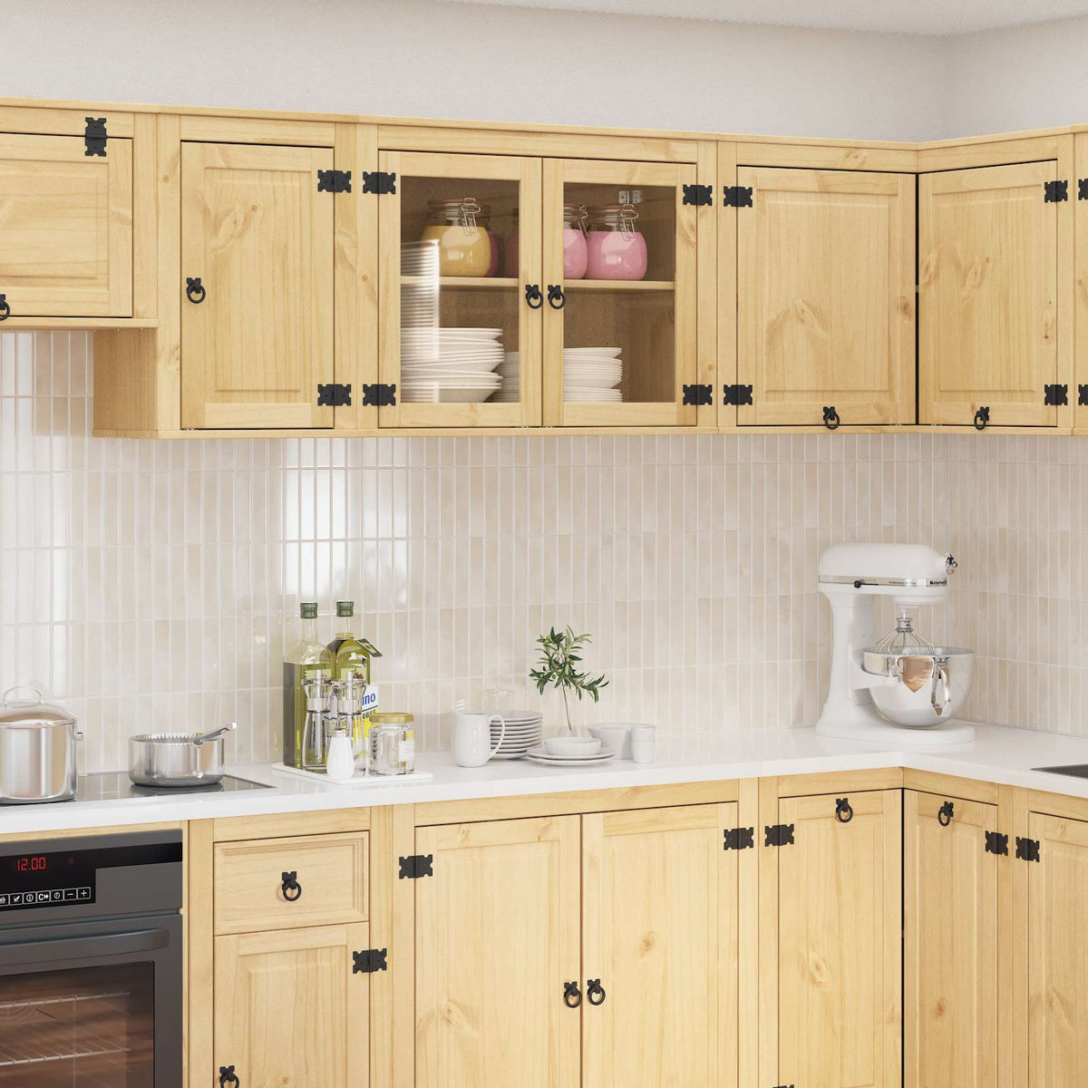 Cabinet SKI Honey Brown 80 x 46 x 81 cm Solid Pine Wood Wall cabinet with glass doors