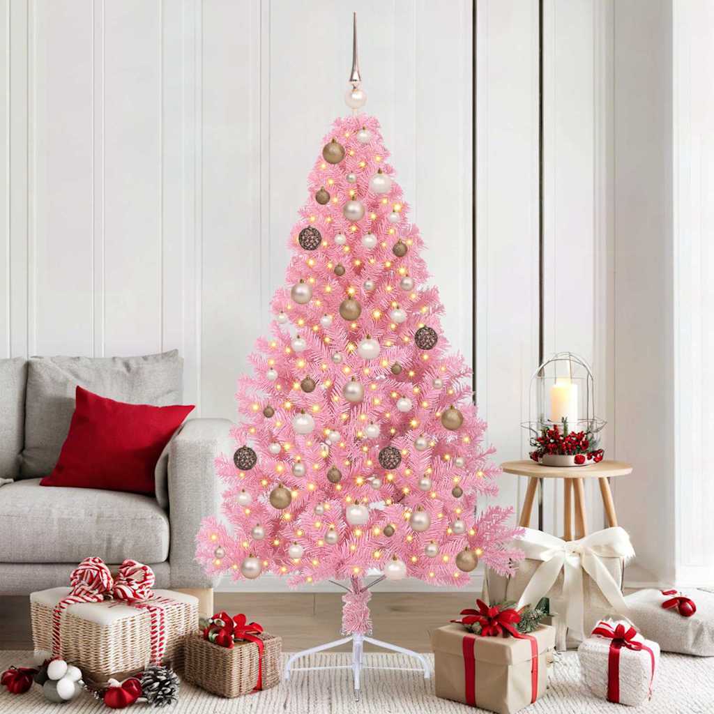 Artificial Pre-lit Christmas Tree PVC 180 cm Pink with 120 rose gold balls