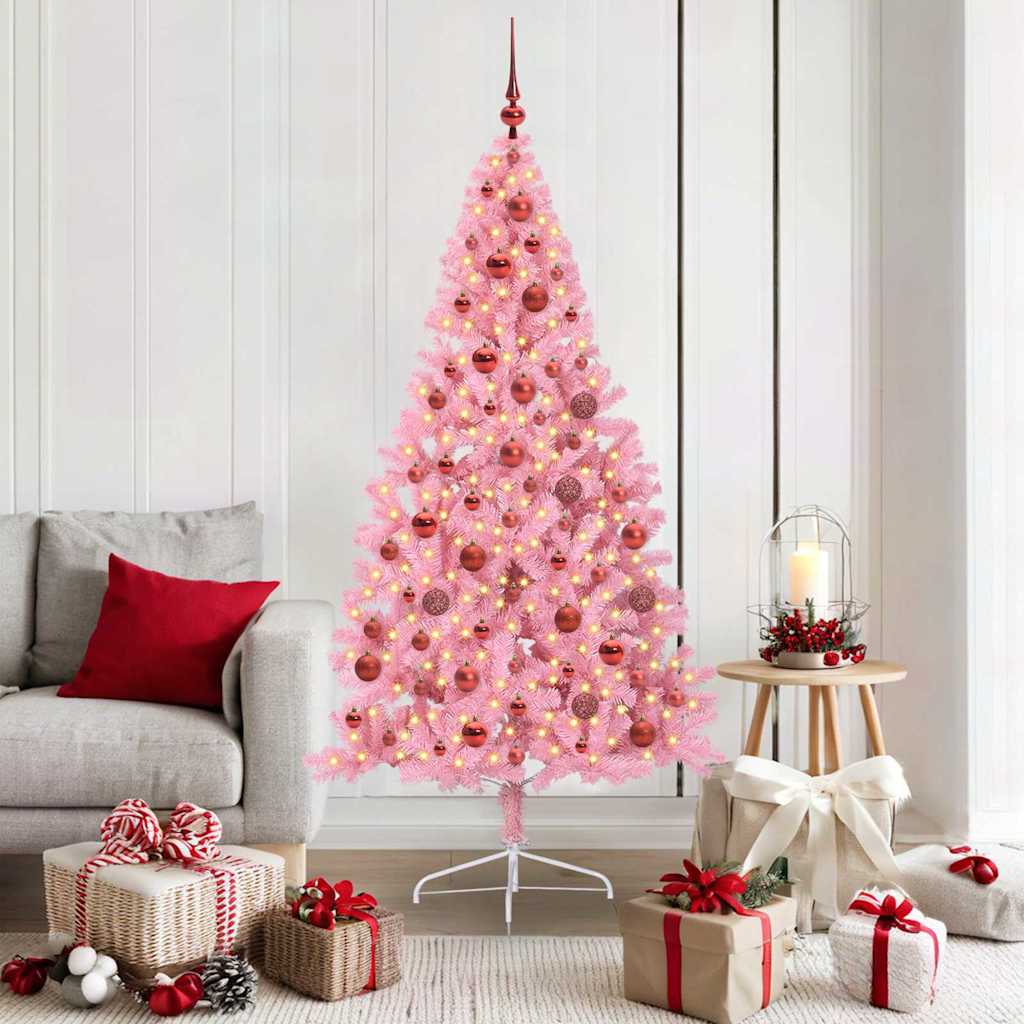 Artificial Pre-lit Christmas Tree PVC 180 cm Pink with 120 red balls