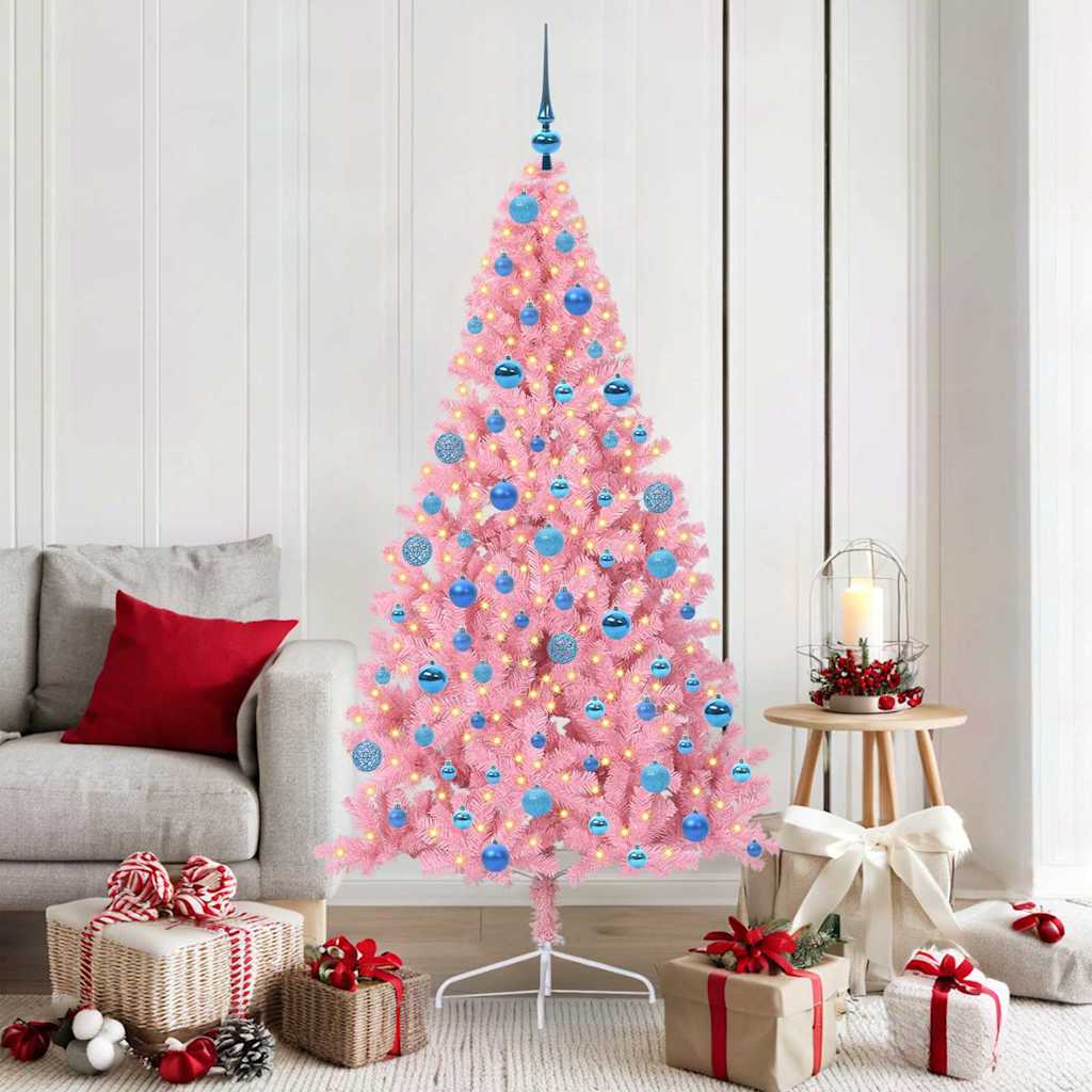 Artificial Pre-lit Christmas Tree PVC 180 cm Pink with 120 blue balls