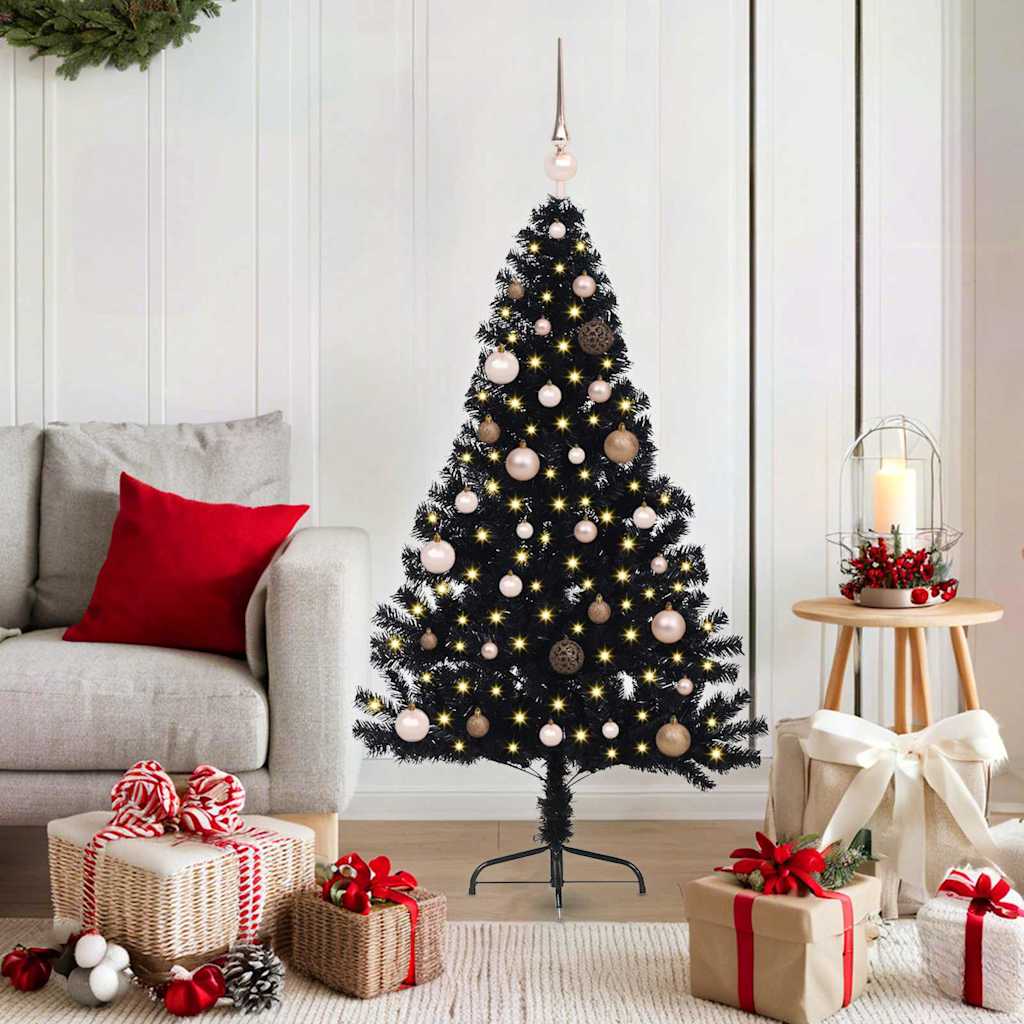 Artificial Pre-lit Christmas Tree PVC 150 cm Black with 60 rose gold balls