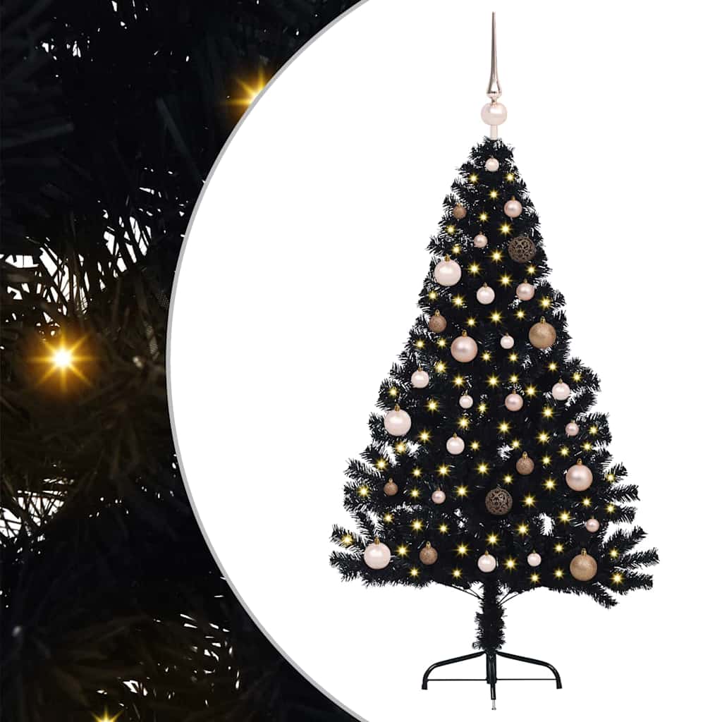 Artificial Pre-lit Christmas Tree PVC 150 cm Black with 60 rose gold balls