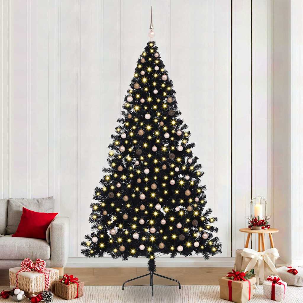 Artificial Pre-lit Christmas Tree PVC 240 cm Black with 120 rose gold balls