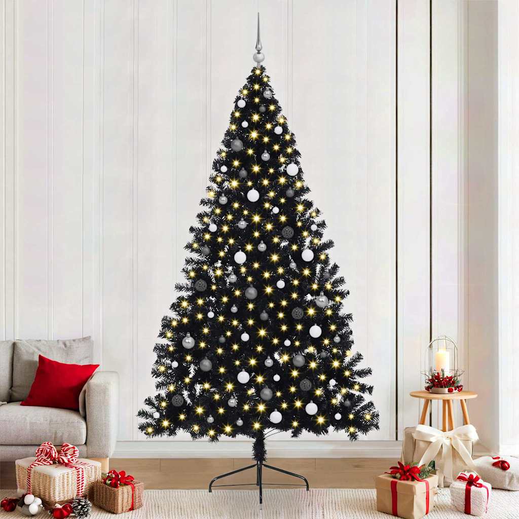 Artificial Pre-lit Christmas Tree PVC 240 cm Black with 120 white/grey balls