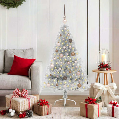 Artificial Pre-lit Christmas Tree PET 150 cm Silver with 60 rose gold balls