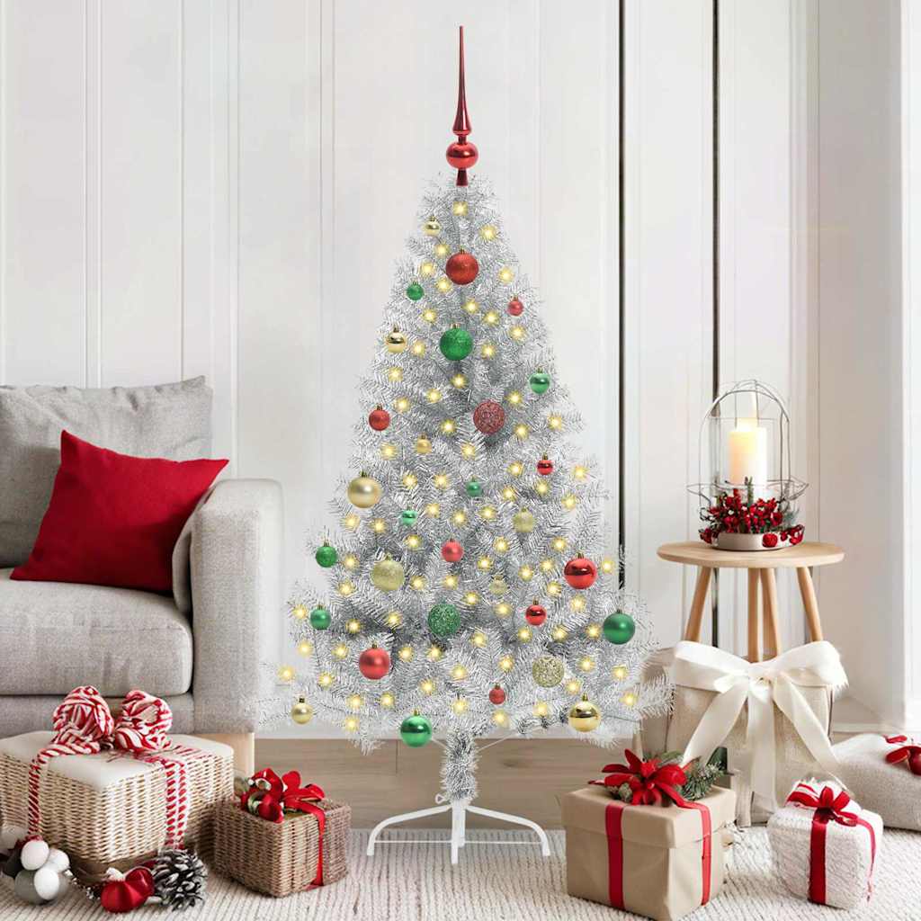Artificial Pre-lit Christmas Tree PET 150 cm Silver with 61 multicolour balls