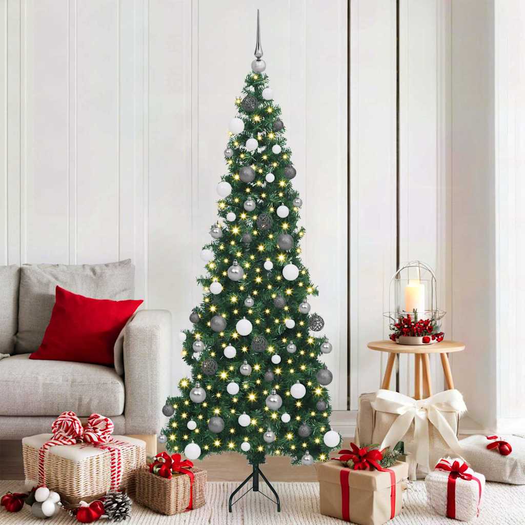 Corner Artificial Christmas Tree Green 180 cm PVC and Metal with 300 LEDs & white/grey balls