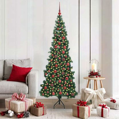 Corner Artificial Christmas Tree Green 180 cm PVC and Metal with 300 LEDs & red balls