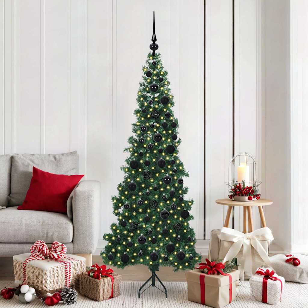 Corner Artificial Christmas Tree Green 180 cm PVC and Metal with 300 LEDs & black balls