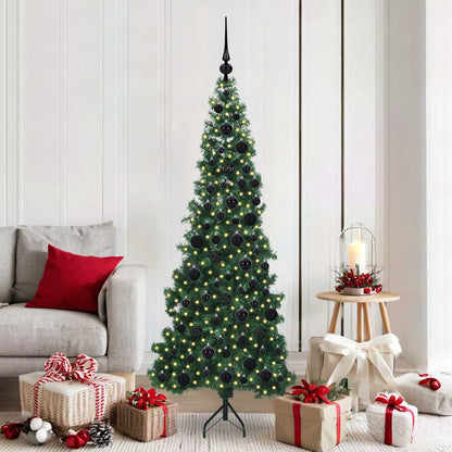 Corner Artificial Christmas Tree Green 180 cm PVC and Metal with 300 LEDs & black balls
