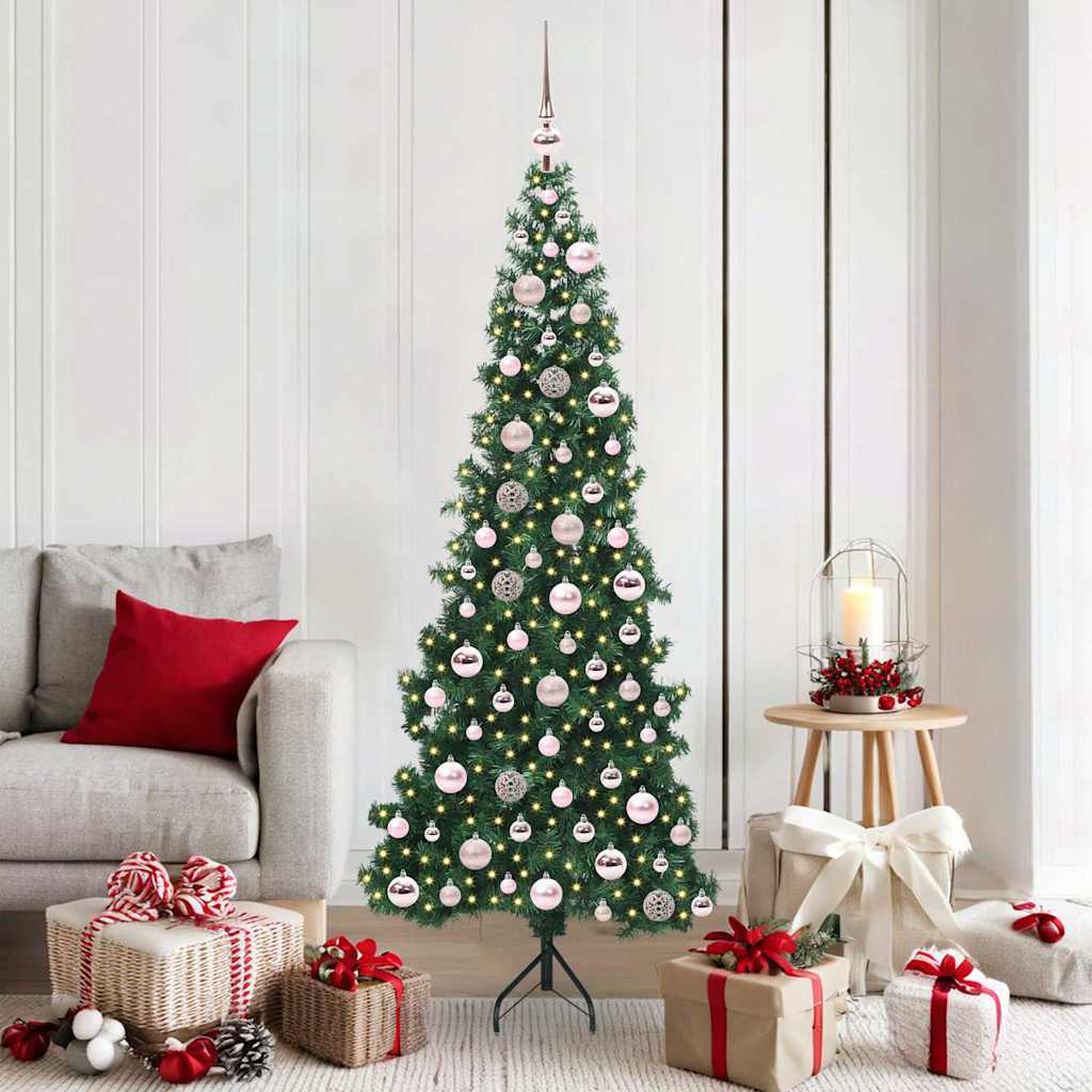 Corner Artificial Christmas Tree Green 180 cm PVC and Metal with 300 LEDs & pink balls