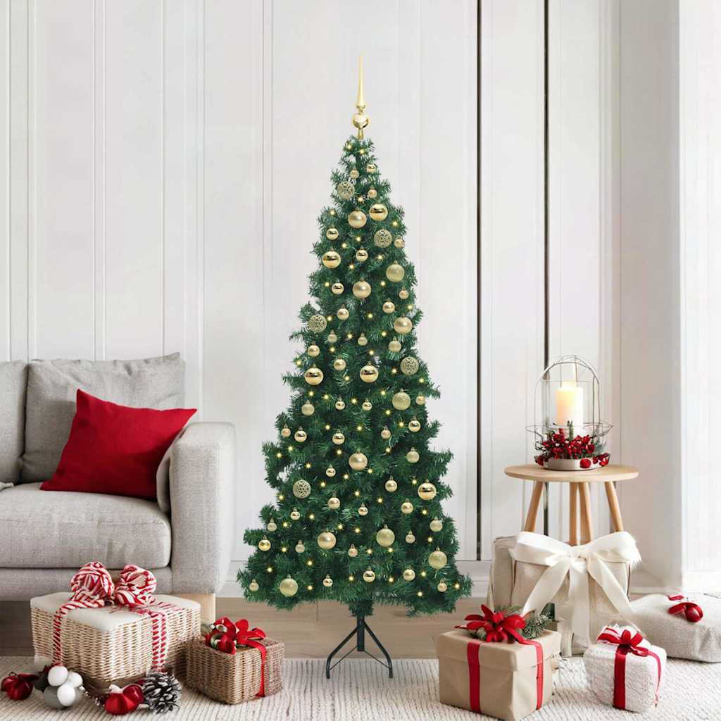 Corner Artificial Christmas Tree Green 180 cm PVC and Metal with 300 LEDs & golden balls