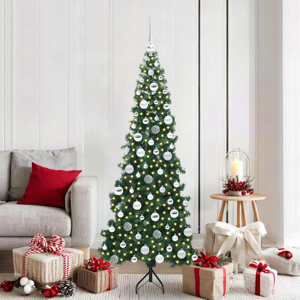 Corner Artificial Christmas Tree Green 180 cm PVC and Metal with 300 LEDs & silver balls