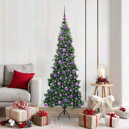 Corner Artificial Christmas Tree Green 180 cm PVC and Metal with 300 LEDs & lilac balls