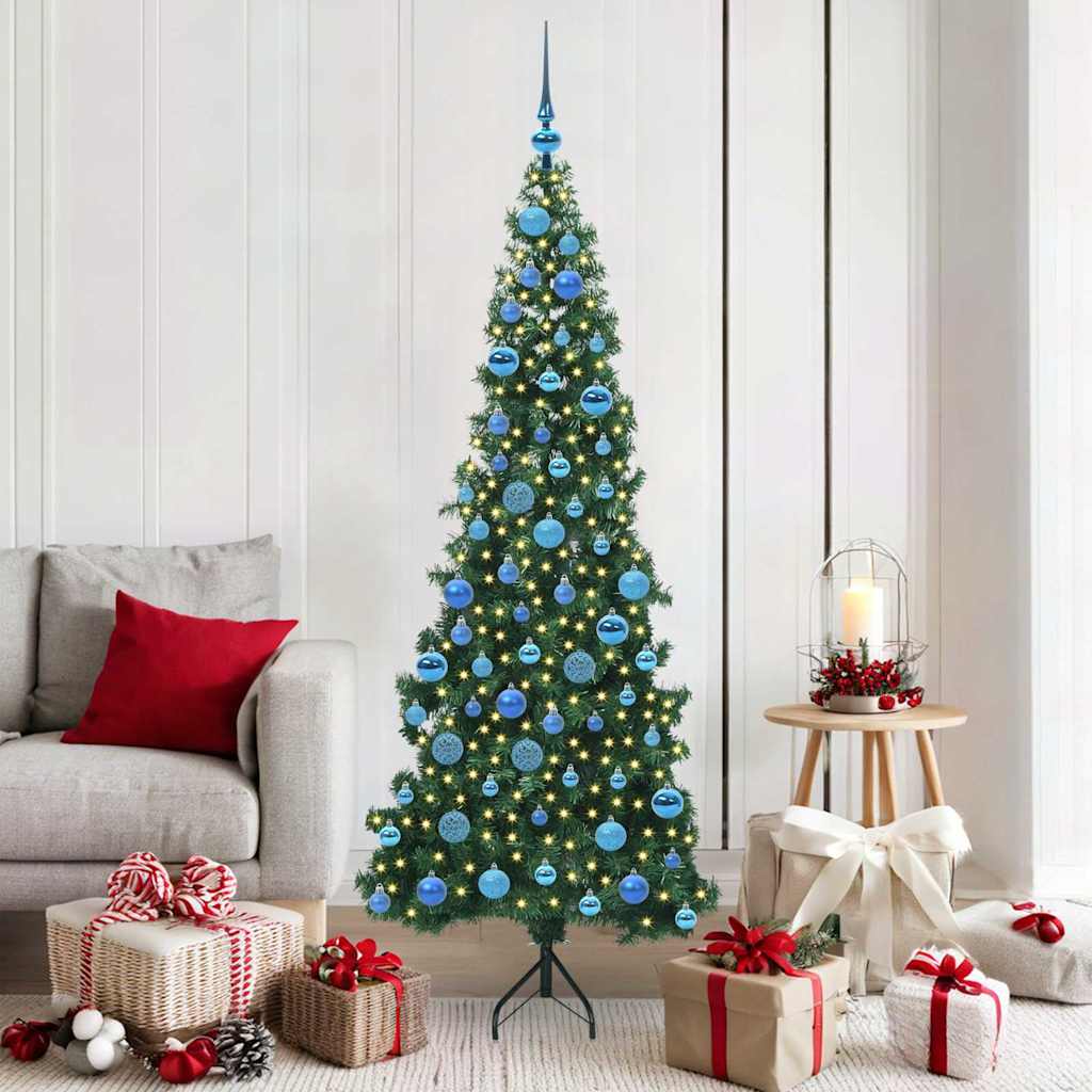 Corner Artificial Christmas Tree Green 180 cm PVC and Metal with 300 LEDs & blue balls