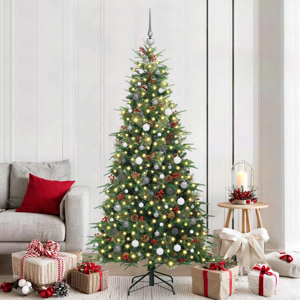 Artificial Hinged Christmas Tree PE and PVC Green 210 cm with LEDs &white/grey balls