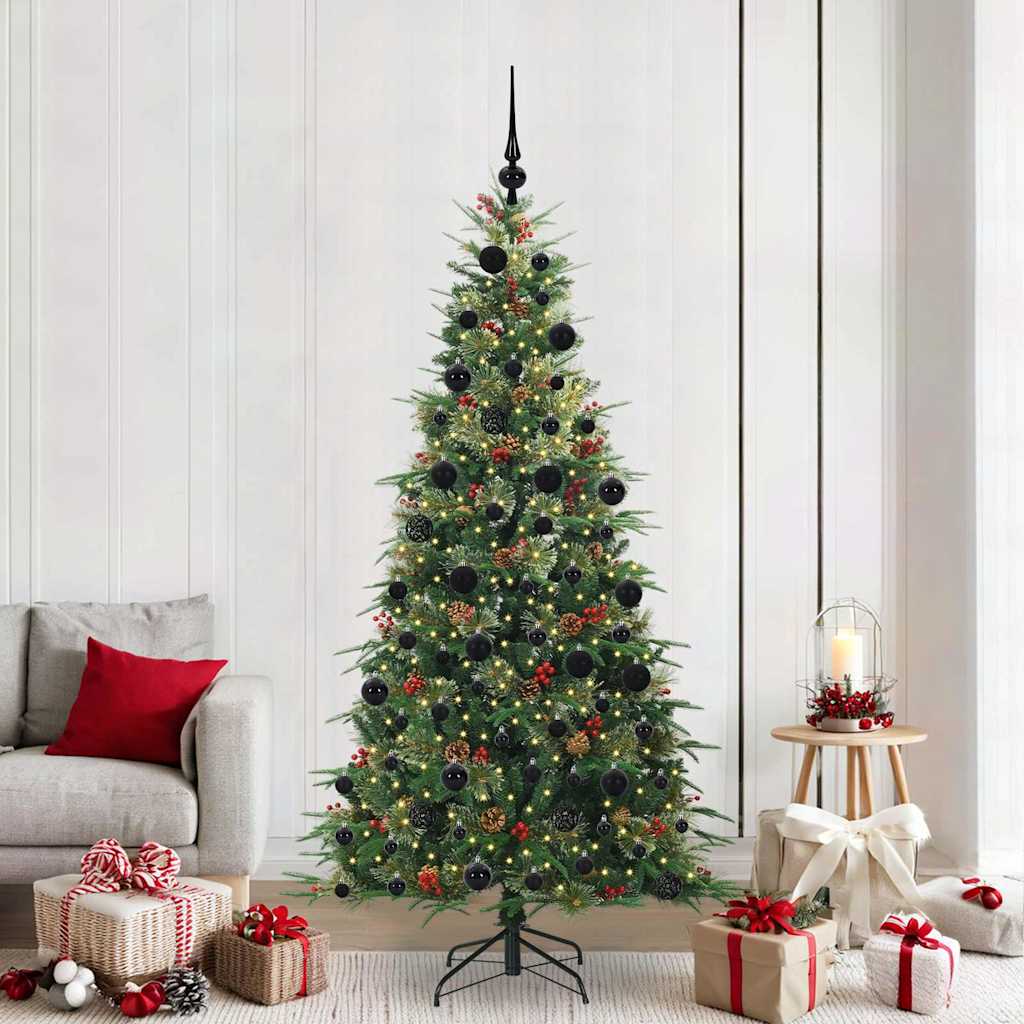 Artificial Hinged Christmas Tree PE and PVC Green 210 cm with LEDs &black balls