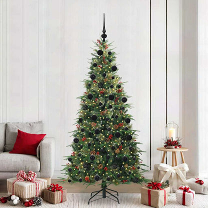 Artificial Hinged Christmas Tree PE and PVC Green 210 cm with LEDs &black balls