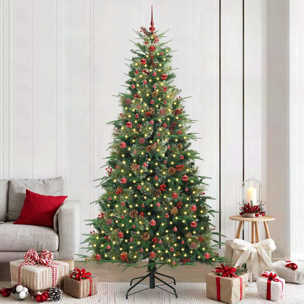 Artificial Hinged Christmas Tree PE and PVC Green 240 cm with LEDs &red balls