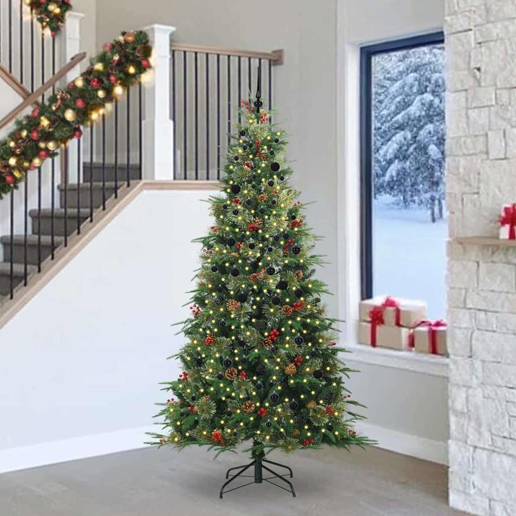 Artificial Hinged Christmas Tree PE and PVC Green 240 cm with LEDs &black balls