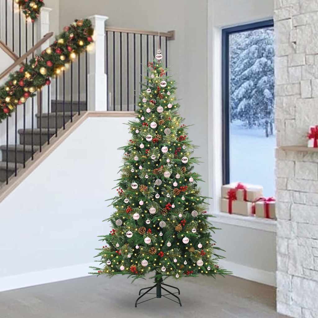 Artificial Hinged Christmas Tree PE and PVC Green 240 cm with LEDs &pink balls