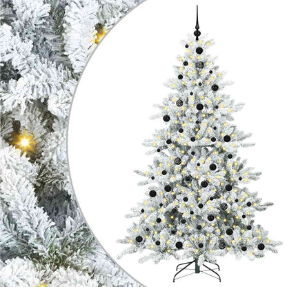 Artificial Hinged Christmas Tree PVC and Steel White 210 cm with LEDs &black balls