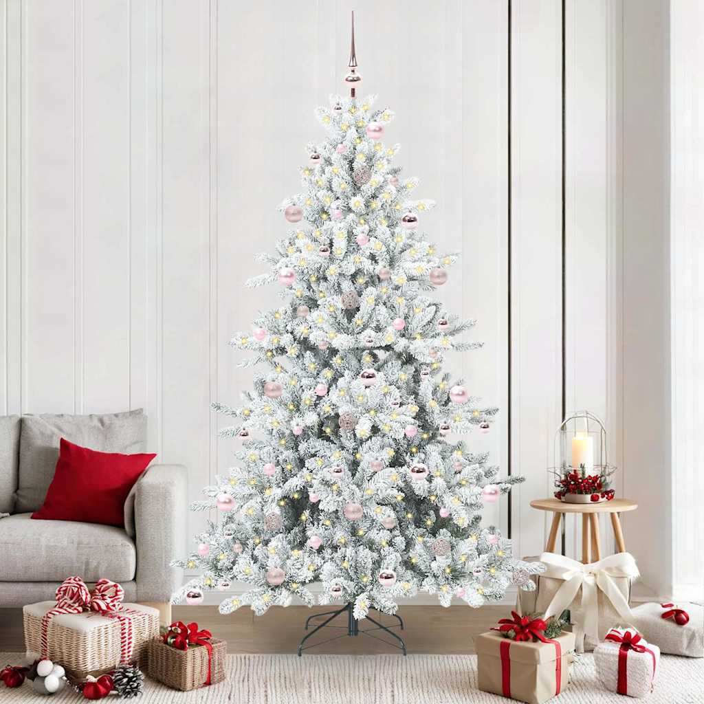 Artificial Hinged Christmas Tree PVC and Steel White 210 cm with LEDs &pink balls