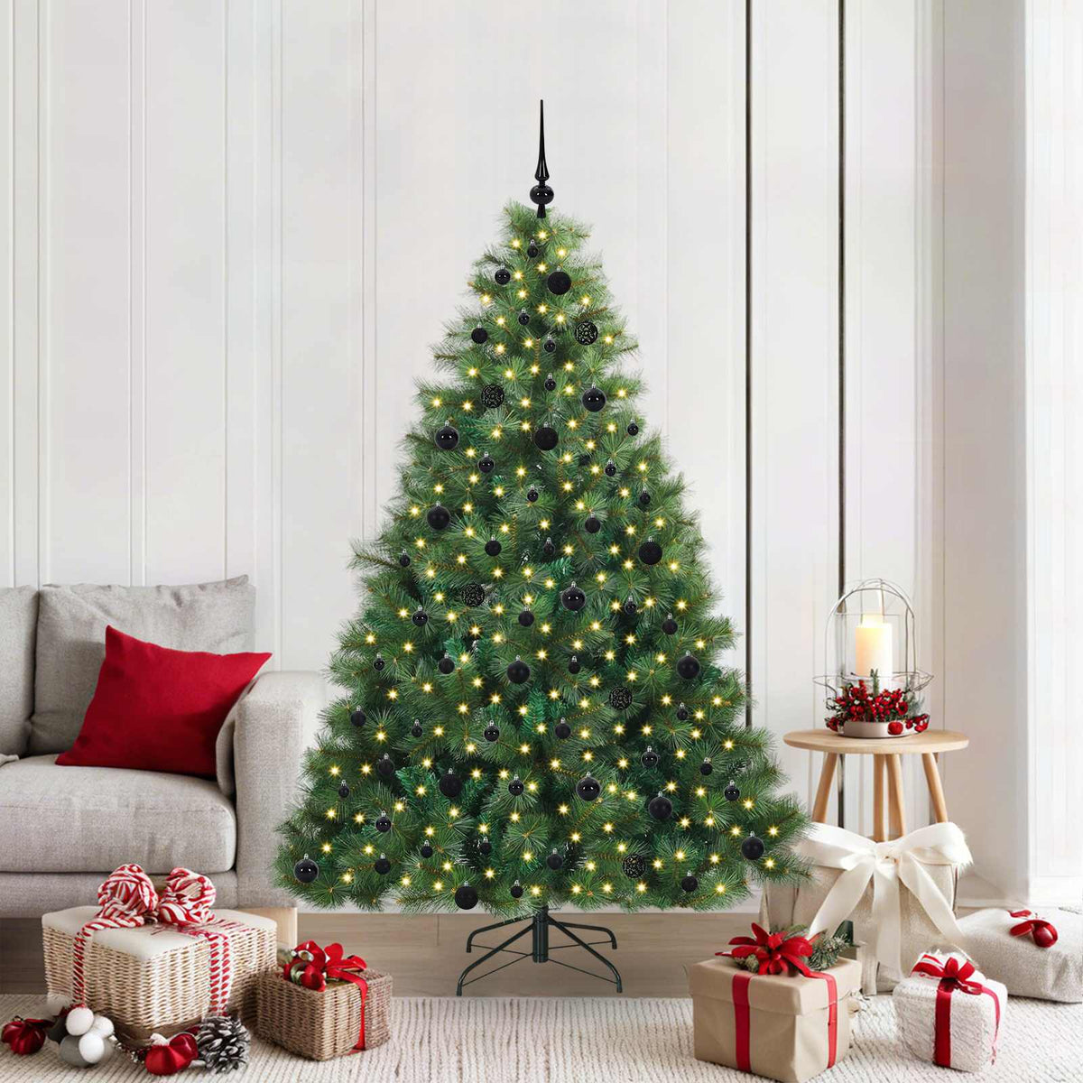 Artificial Christmas Tree with 300 LEDs PE and PVC Green 210 cm with LEDs &black balls