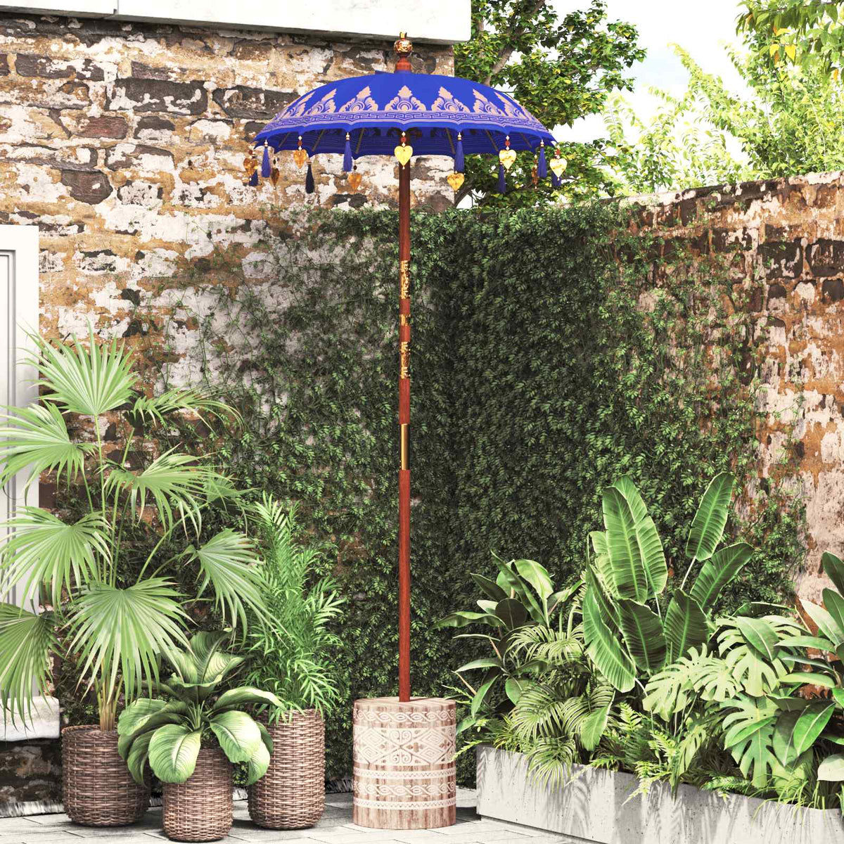 Balinese Parasol with Base Blue 95 x 95 x 260 cm with white washed base