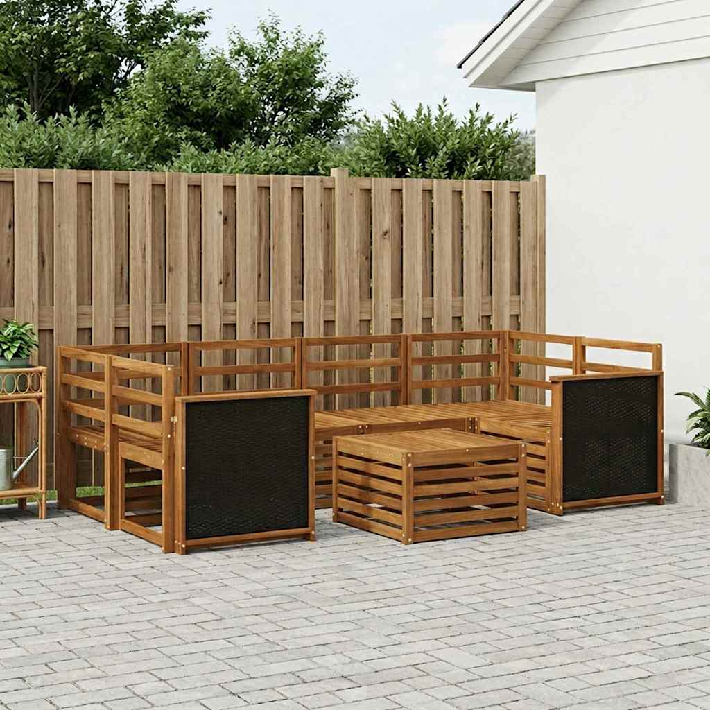 Outdoor Sofa Set 7 pcs Solid Acacia Wood Natural Wooden frame with black rattan