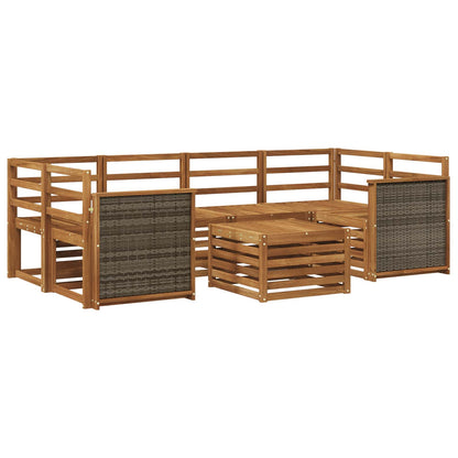 Outdoor Sofa Set 7 pcs Solid Acacia Wood Natural Wooden frame with grey rattan