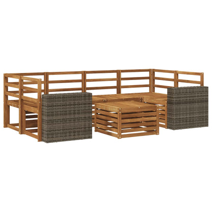 Outdoor Sofa Set 7 pcs Solid Acacia Wood Natural Metal frame with grey rattan