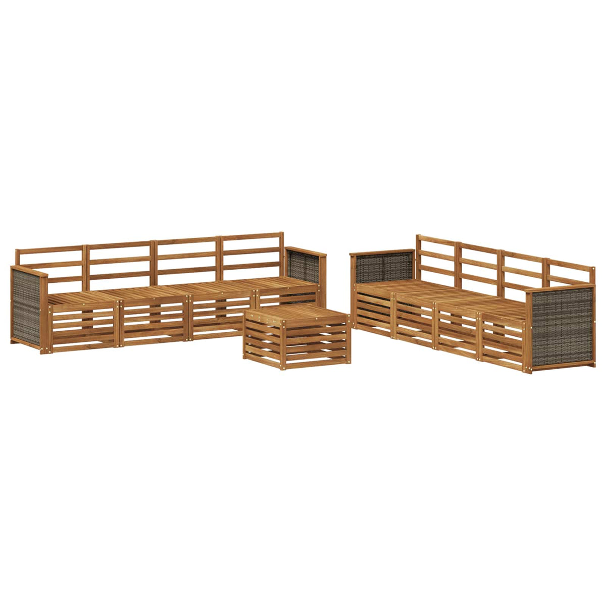 Outdoor Sofa Set 9 pcs Natural Wooden frame with grey rattan