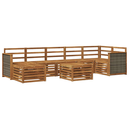 Outdoor Sofa Set 8 pcs Natural Wooden frame with grey rattan