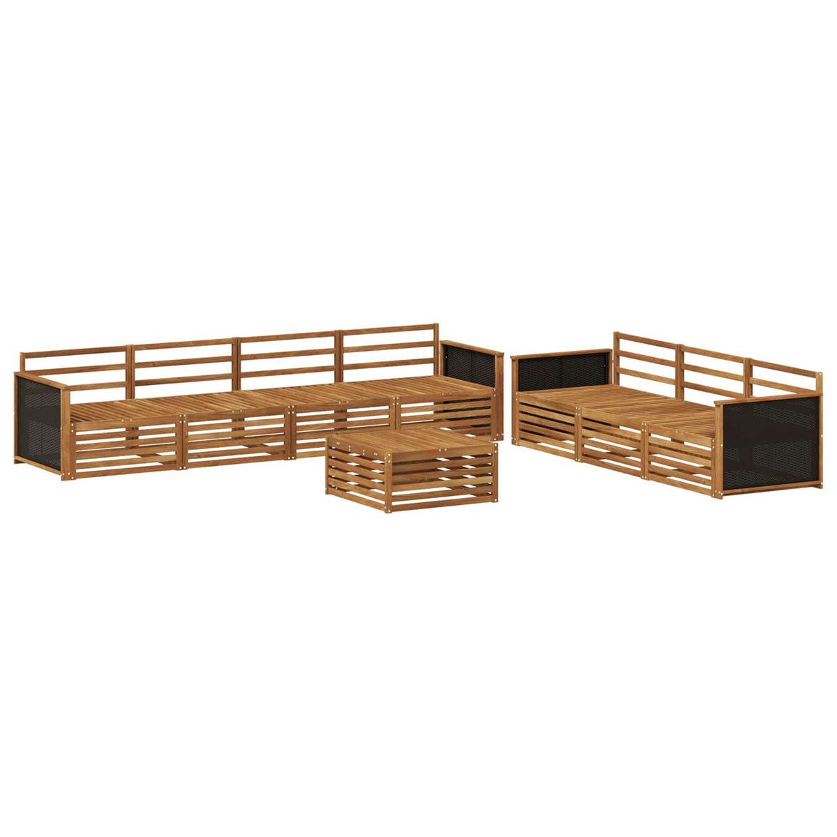 Outdoor Sofa Set 8 pcs Natural Solid Acacia Wood Wooden frame with black rattan
