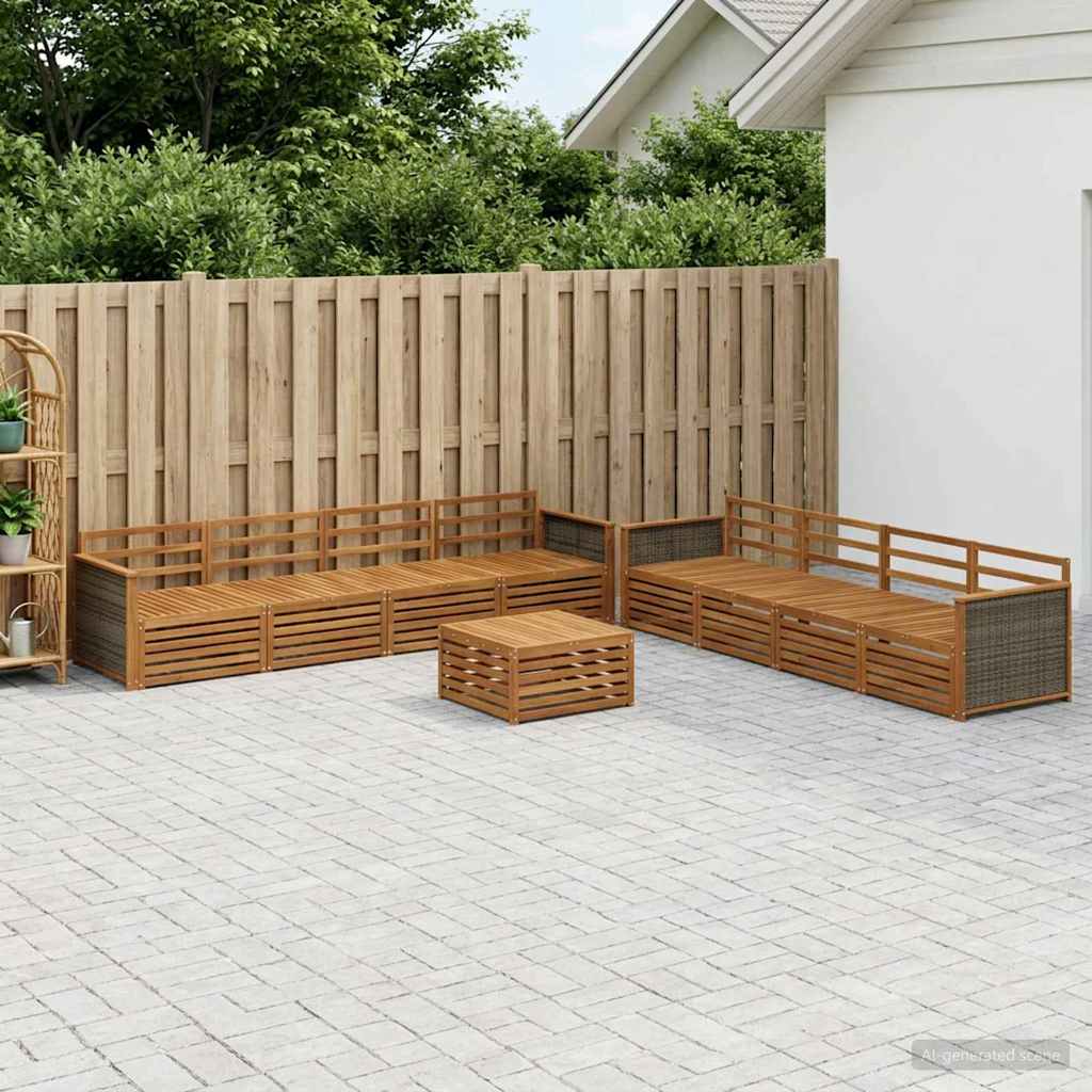 Outdoor Sofa Set 9 pcs Natural Solid Acacia Wood Wooden frame with grey rattan