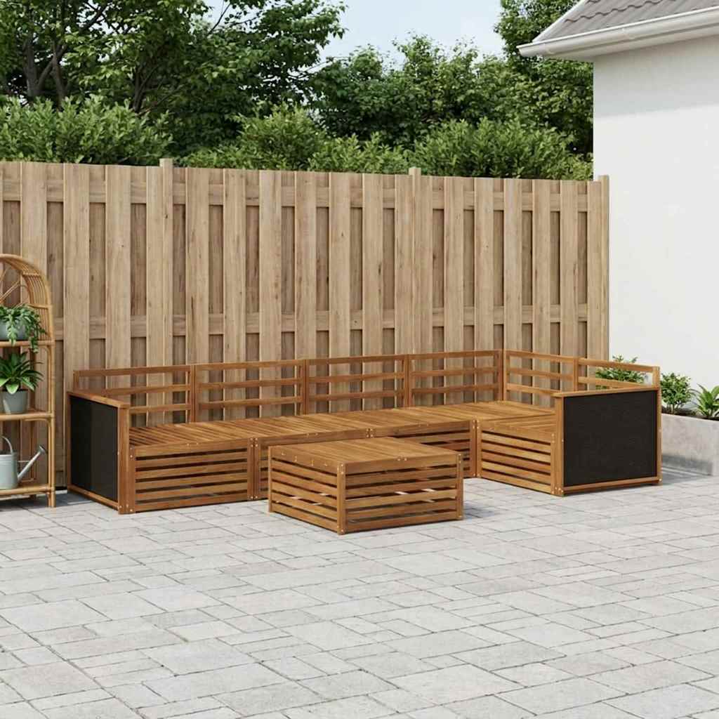 Outdoor Sofa Set 6 pcs Natural Wooden frame with black rattan