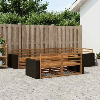 Outdoor Sofa Set 7 pcs Natural Solid Acacia Wood Metal frame with black rattan