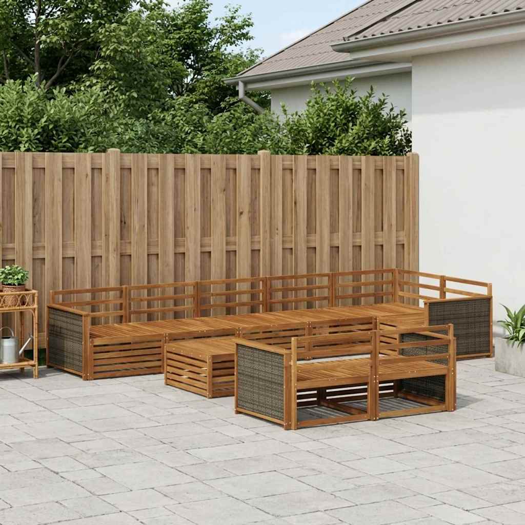 Outdoor Sofa Set 9 pcs Natural Solid Acacia Wood Wooden frame with grey rattan