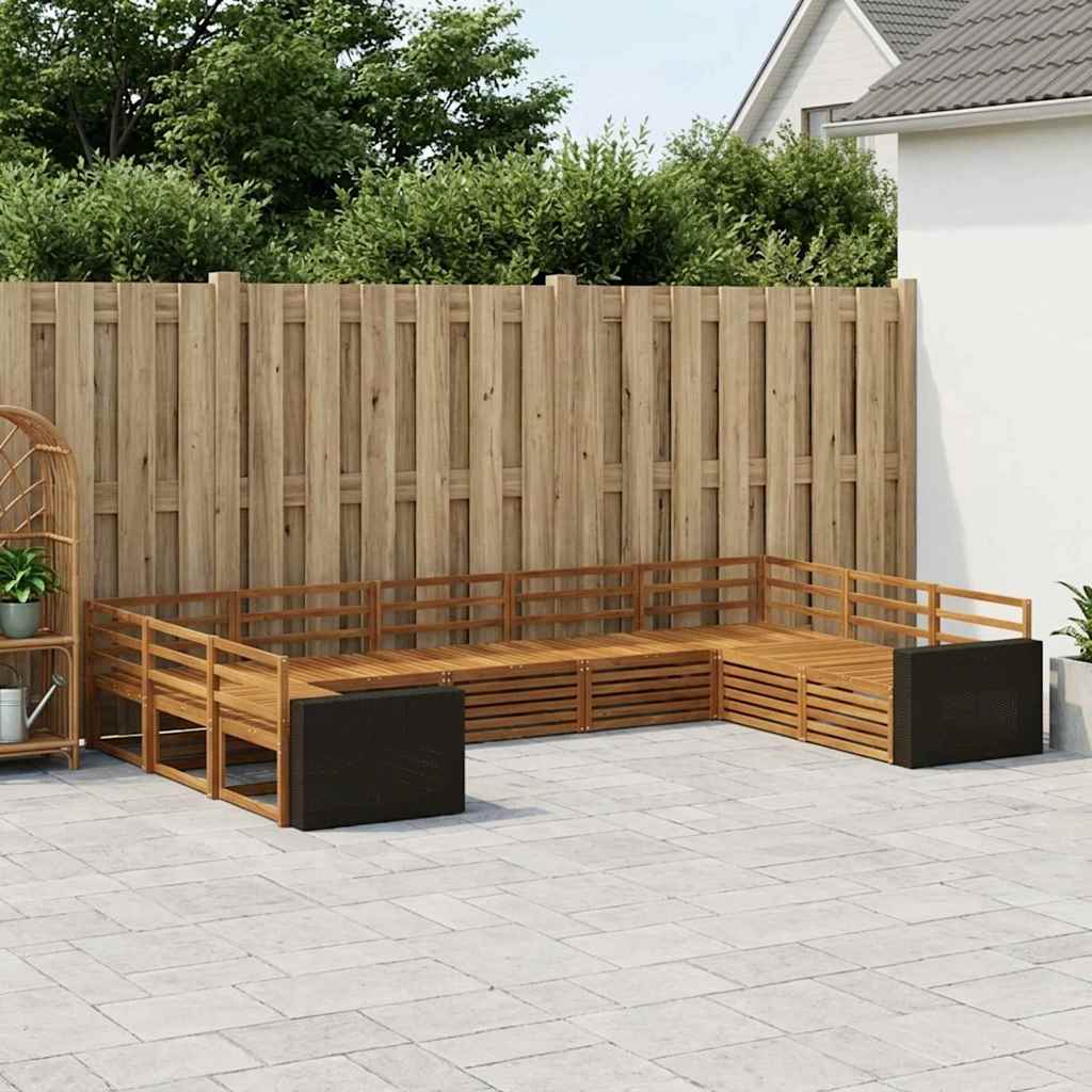 Outdoor Sofa Set 9 pcs Natural Solid Acacia Wood Metal frame with black rattan