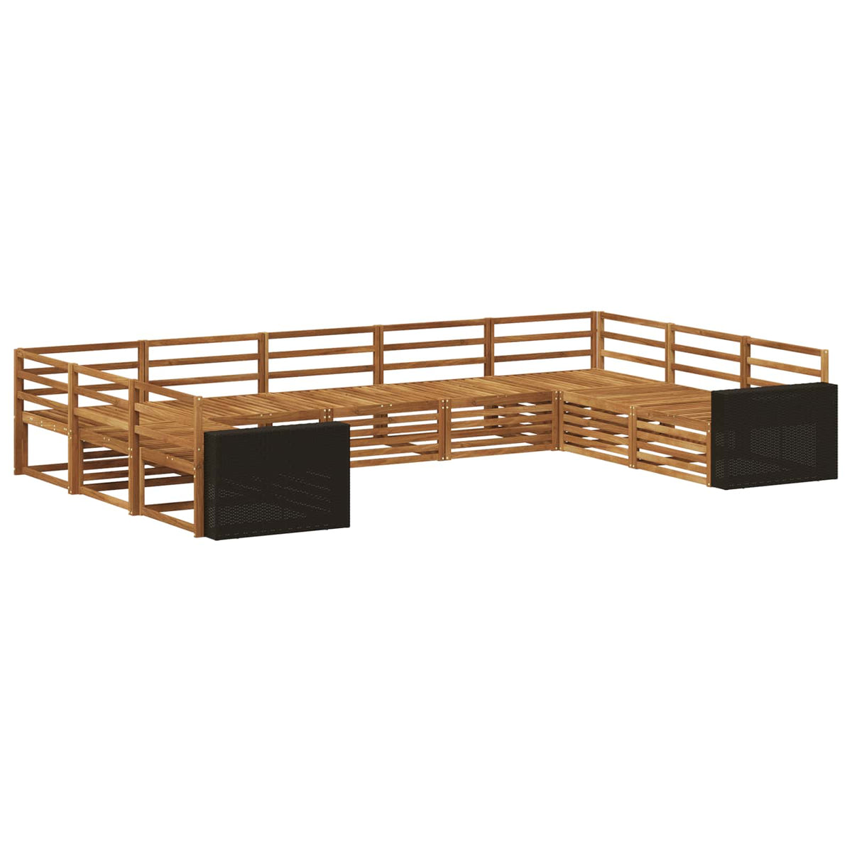 Outdoor Sofa Set 9 pcs Natural Solid Acacia Wood Metal frame with black rattan
