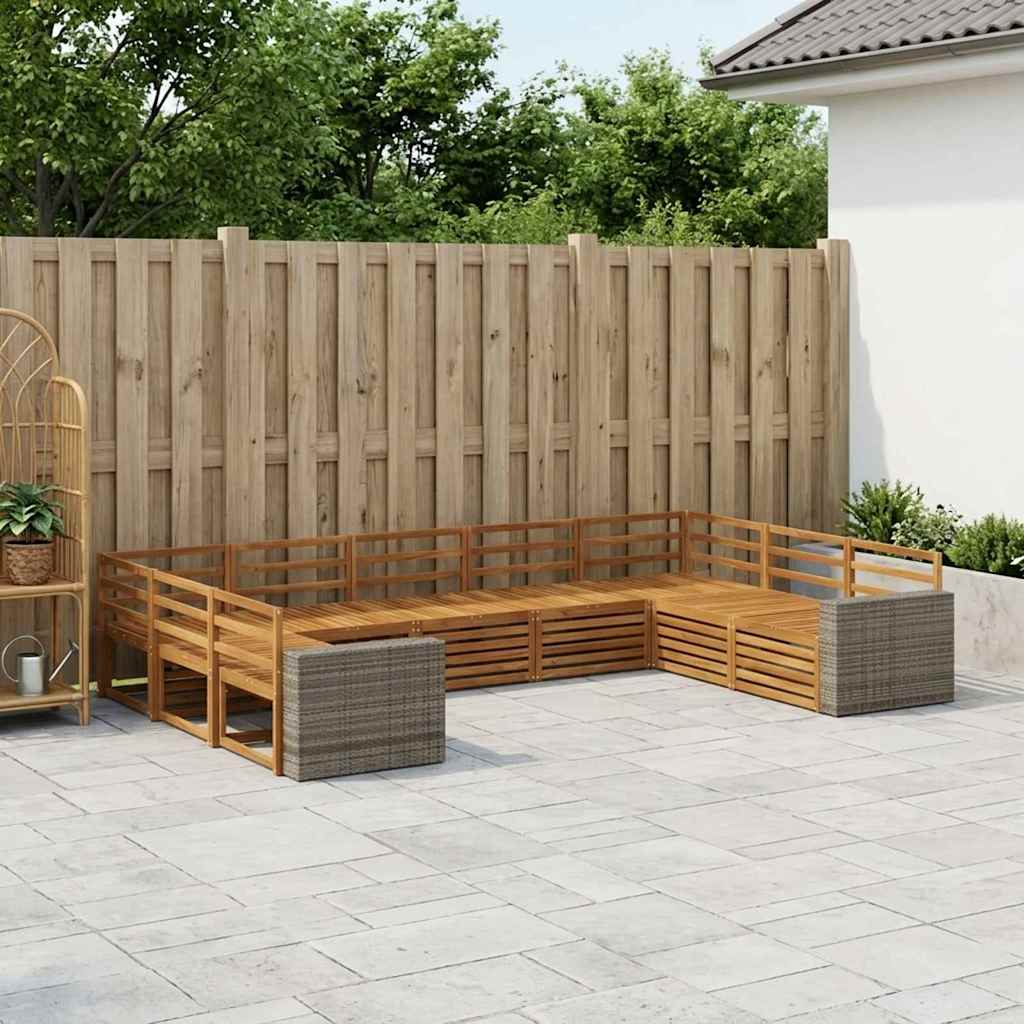 Outdoor Sofa Set 9 pcs Natural Solid Acacia Wood Metal frame with grey rattan
