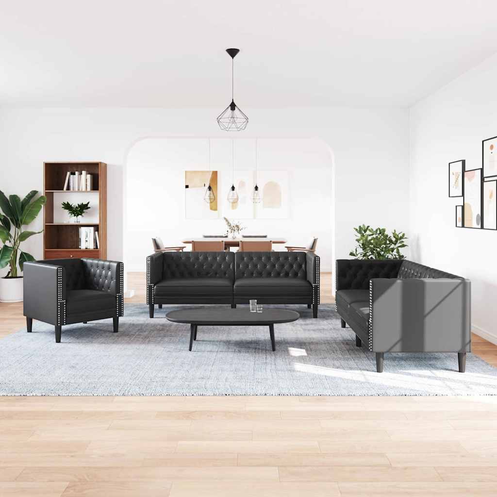 vidaXL Living Room Couch 3 pcs Black Faux Leather 1