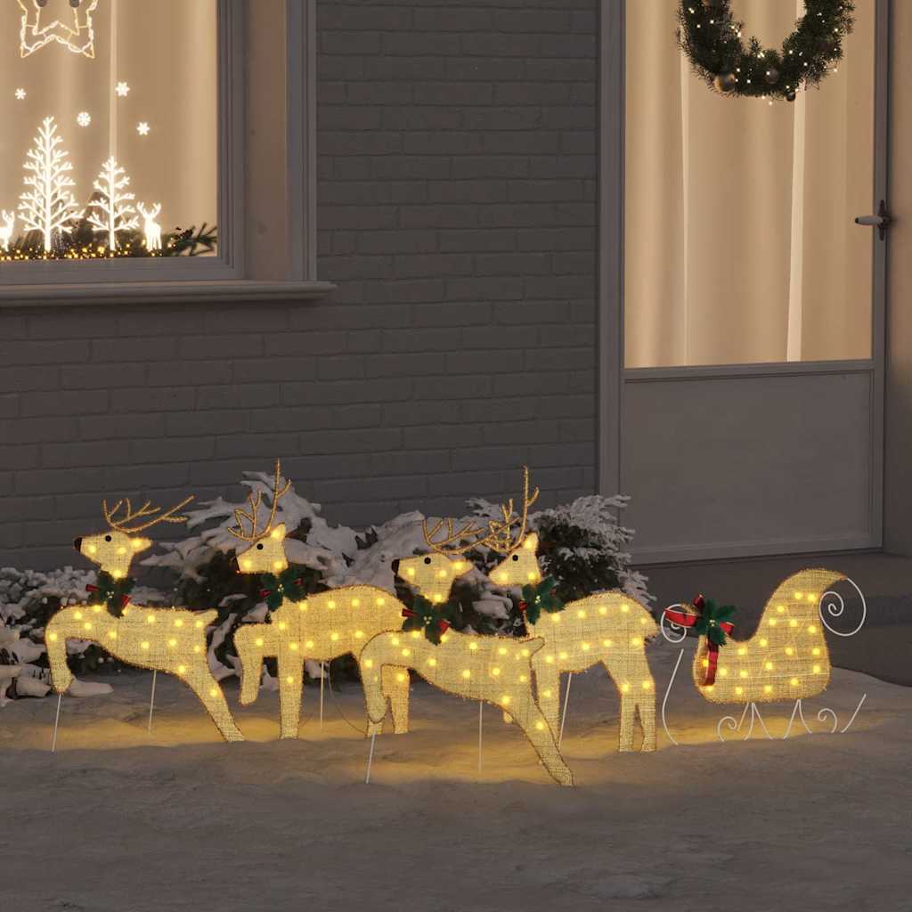 Christmas Reindeer with sleigh 60 LEDs Warm White Gold fabric 5
