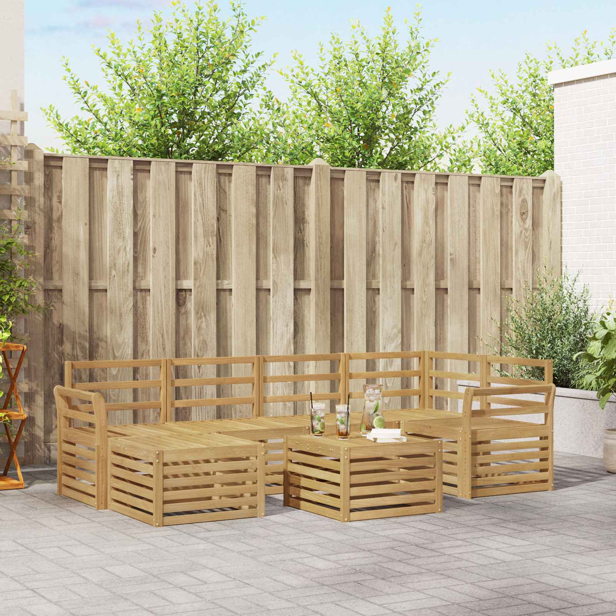 Outdoor Sofa Set 7 pcs 5-Seaters Solid Acacia Wood White Curved