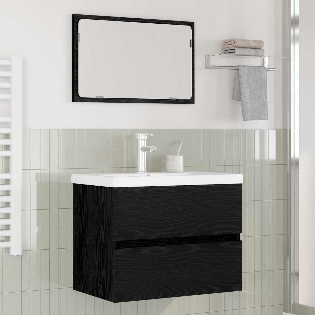 Bathroom Furniture Set Engineered Wood Depth 38.5 cm with Faucet Width 60 cm Black oak