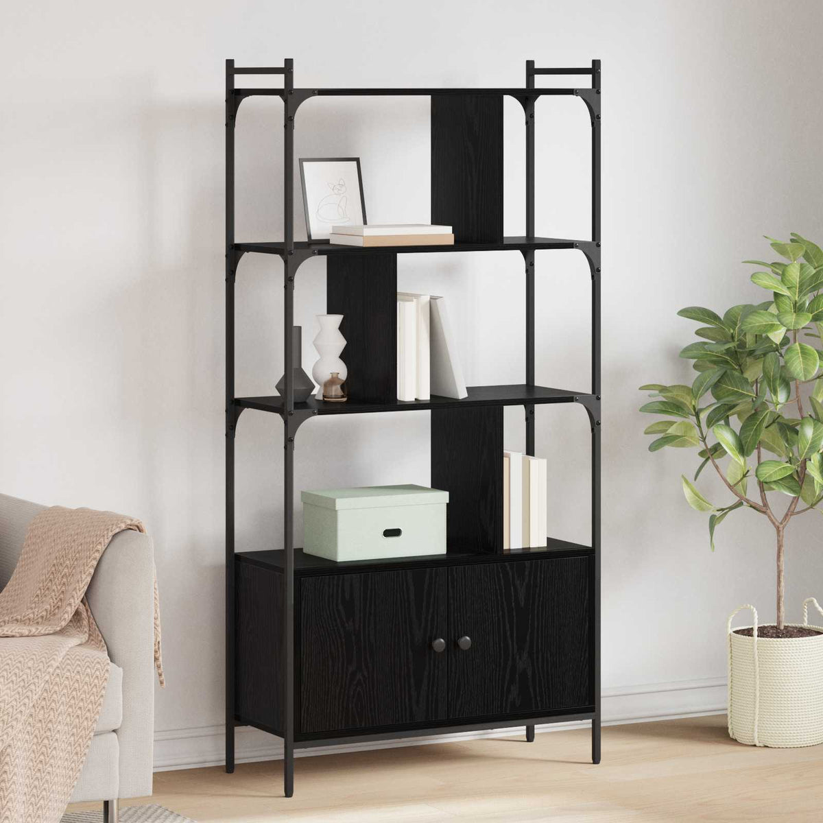 Bookcase with Door 44,5x30x154,5 cm Engineered Wood Black oak 76.5 cm