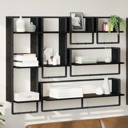 6 Piece Wall Shelf Set with Bars Engineered Wood Black oak
