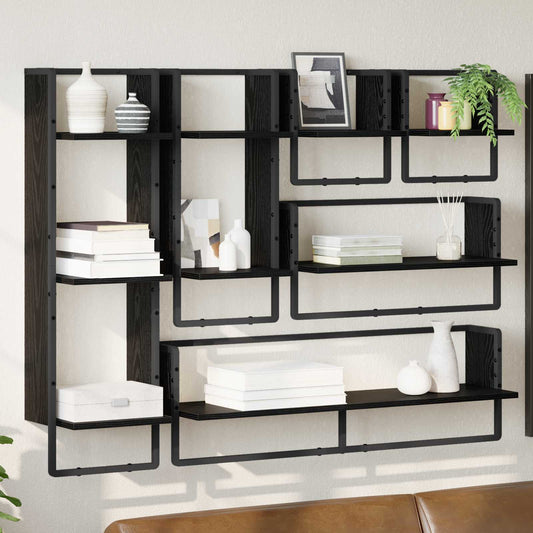 6 Piece Wall Shelf Set with Bars Engineered Wood Black oak